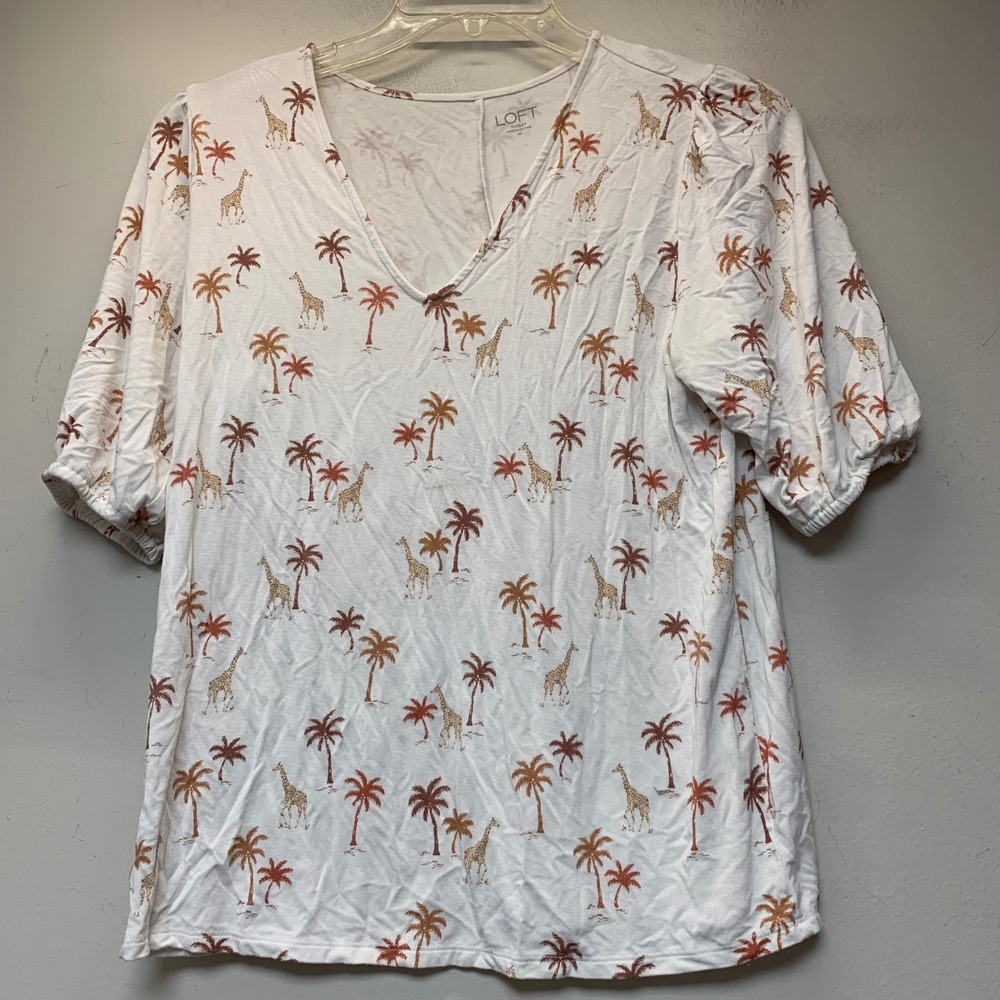 LOFT Outlet Top Womens Medium White Giraffe Palm Tree Print V-Neck Puff Sleeve